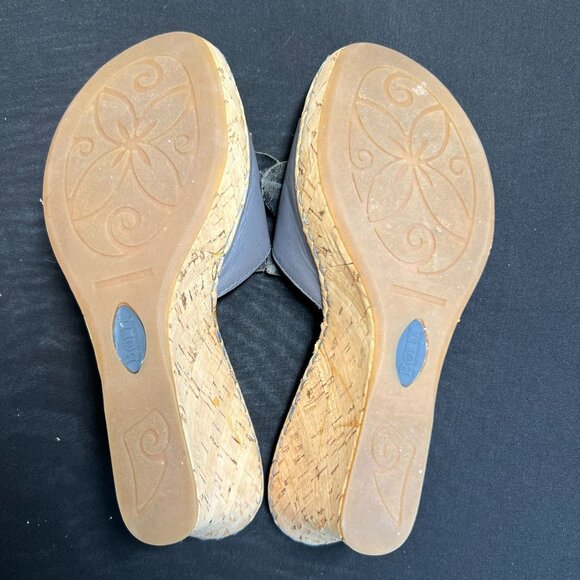 Born Women 9 M/W Leather Flower Wedge Sandals Slip Ons Cork Heel 3"  Beige Blue - Picture 6 of 14